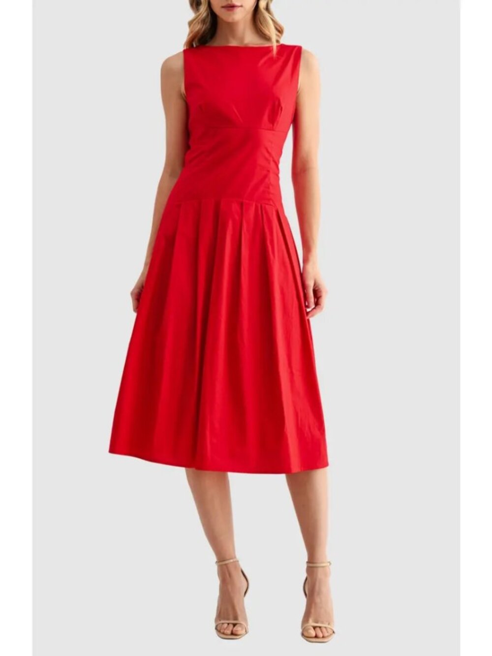 Mila Mae Pleated Sleeveless Cotton Midi Dress Red Bateau Neck Party Size S NWOT